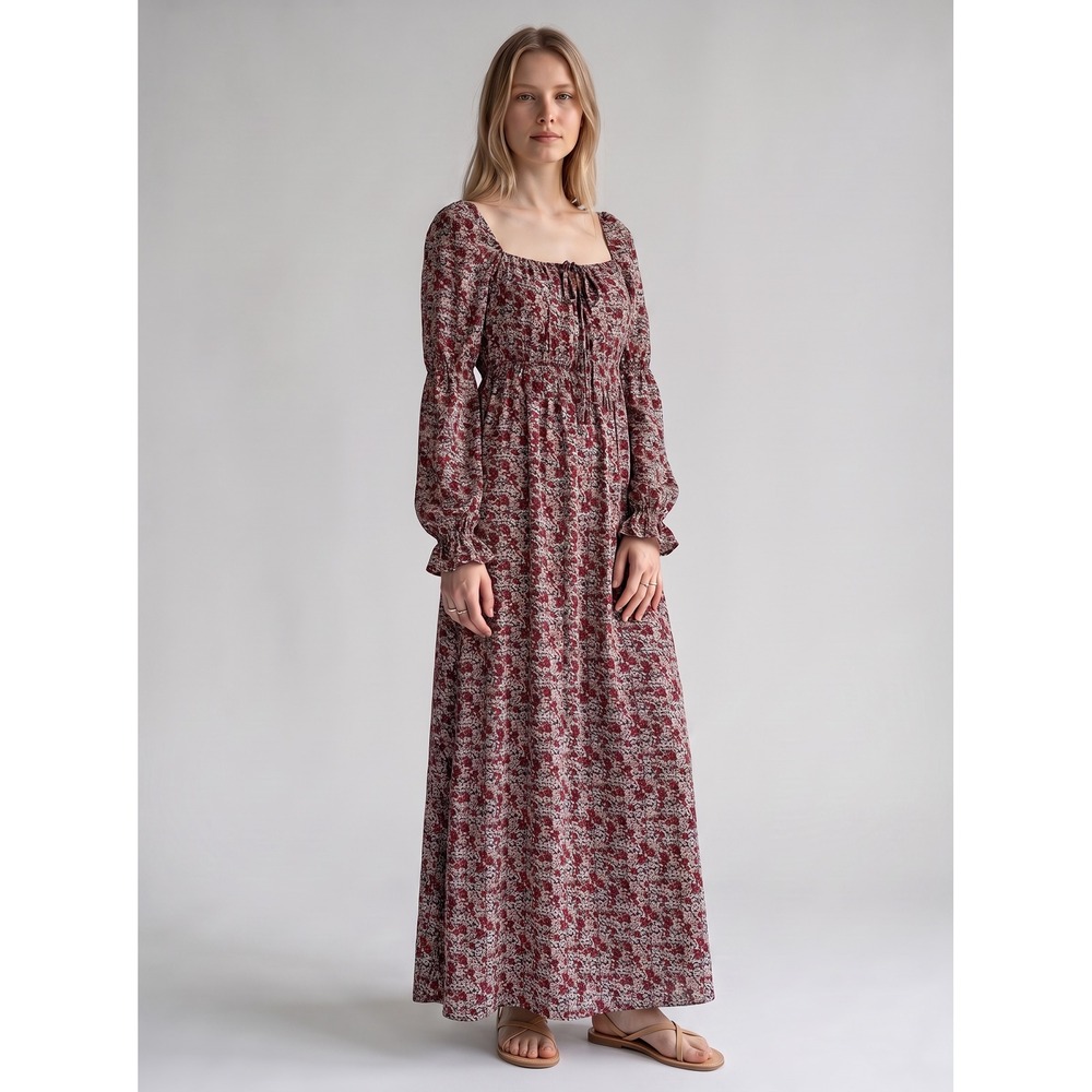 Promesa Floral Maxi Dress Burgundy Long Sleeve Square Neck Smocked Back Large